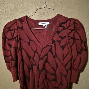 DKNY Red Patterned V-Neck Sweater